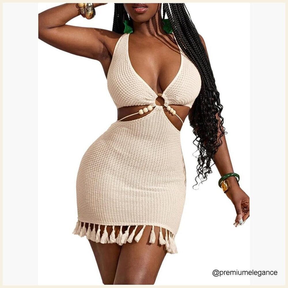 Summer Knit V-Neck Cut Out Halter Mini Dress with Tassel Hem